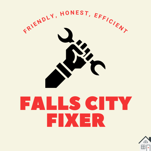 Company logo. Teext reads Falls City Fixer, friendly, honeest, efficient. Central image is of a hand proudly holding a wrench. Small image of a house with a heart for the doorknob in the bottom right corner.